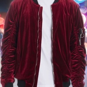Men's Velvet Bomber Jacket - Deep Red